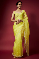 Lime Organza Pearl & Zardosi Embroidered Pre-Draped Saree Set