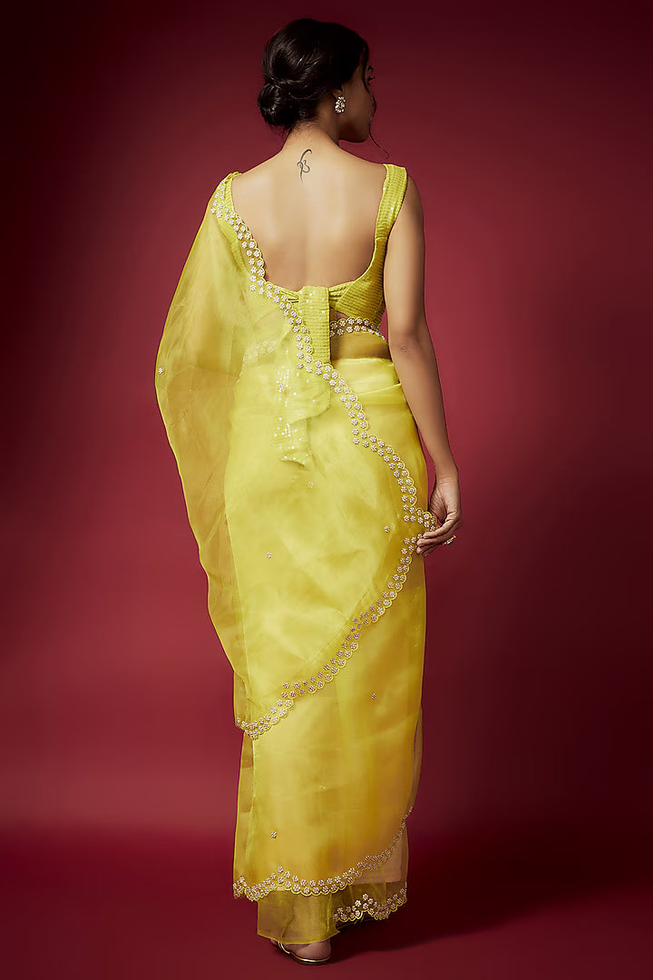 Lime Organza Pearl & Zardosi Embroidered Pre-Draped Saree Set