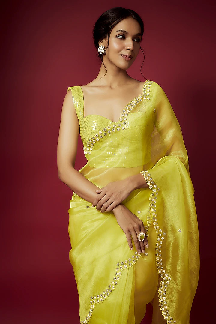Lime Organza Pearl & Zardosi Embroidered Pre-Draped Saree Set