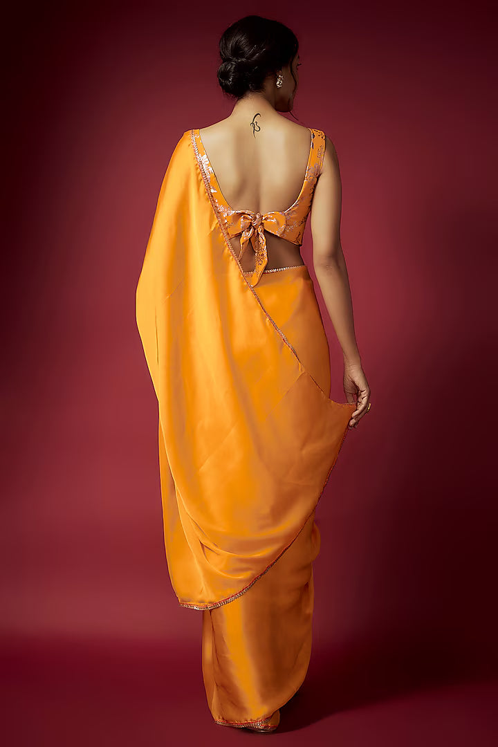 Mustard Yellow Satin Georgette Pre-Draped Saree Set