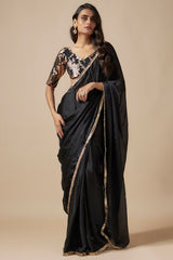 Black Satin Georgette Metallic Embroidered Pre-Draped Saree Set