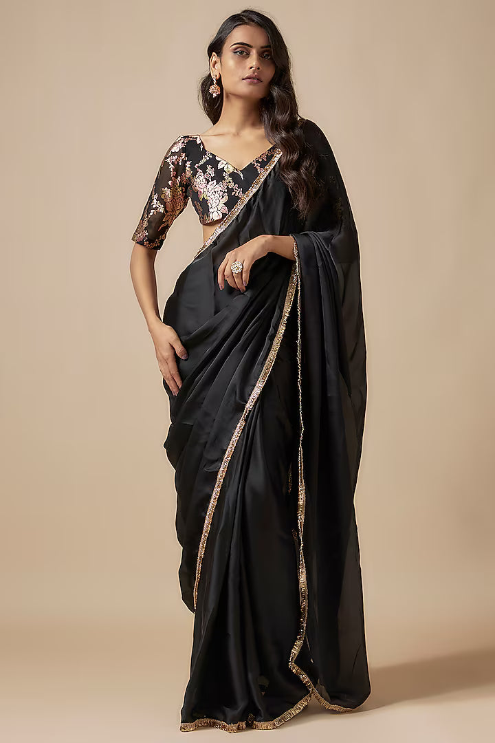 Black Satin Georgette Metallic Embroidered Pre-Draped Saree Set