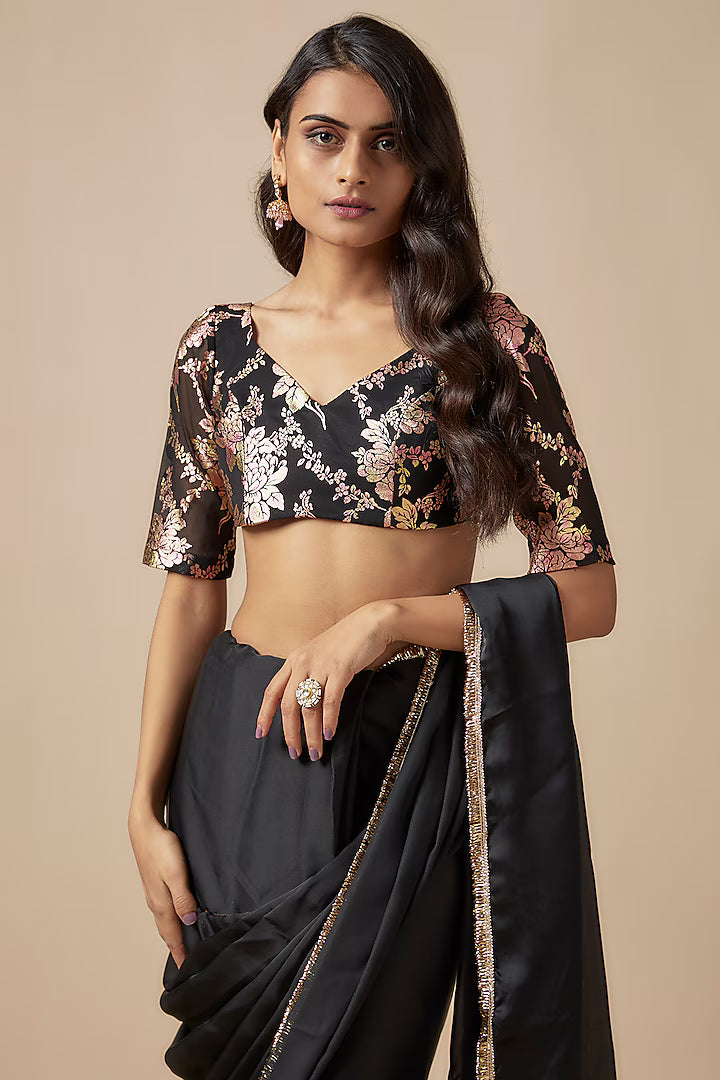 Black Satin Georgette Metallic Embroidered Pre-Draped Saree Set