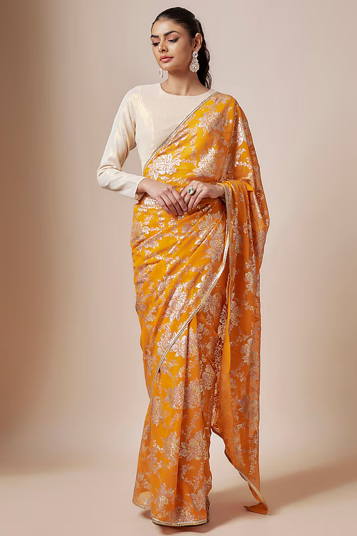 Mango Yellow Recycled Polyester Foil Printed & Metallic Embroidered Pre-Draped Saree Set