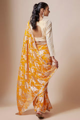 Mango Yellow Recycled Polyester Foil Printed & Metallic Embroidered Pre-Draped Saree Set