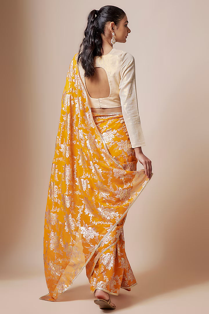 Mango Yellow Recycled Polyester Foil Printed & Metallic Embroidered Pre-Draped Saree Set