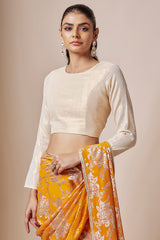 Mango Yellow Recycled Polyester Foil Printed & Metallic Embroidered Pre-Draped Saree Set