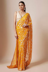 Mango Yellow Recycled Polyester Foil Printed & Metallic Embroidered Pre-Draped Saree Set
