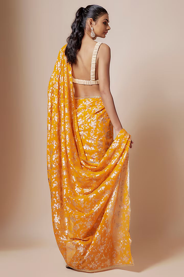 Mango Yellow Recycled Polyester Foil Printed & Metallic Embroidered Pre-Draped Saree Set