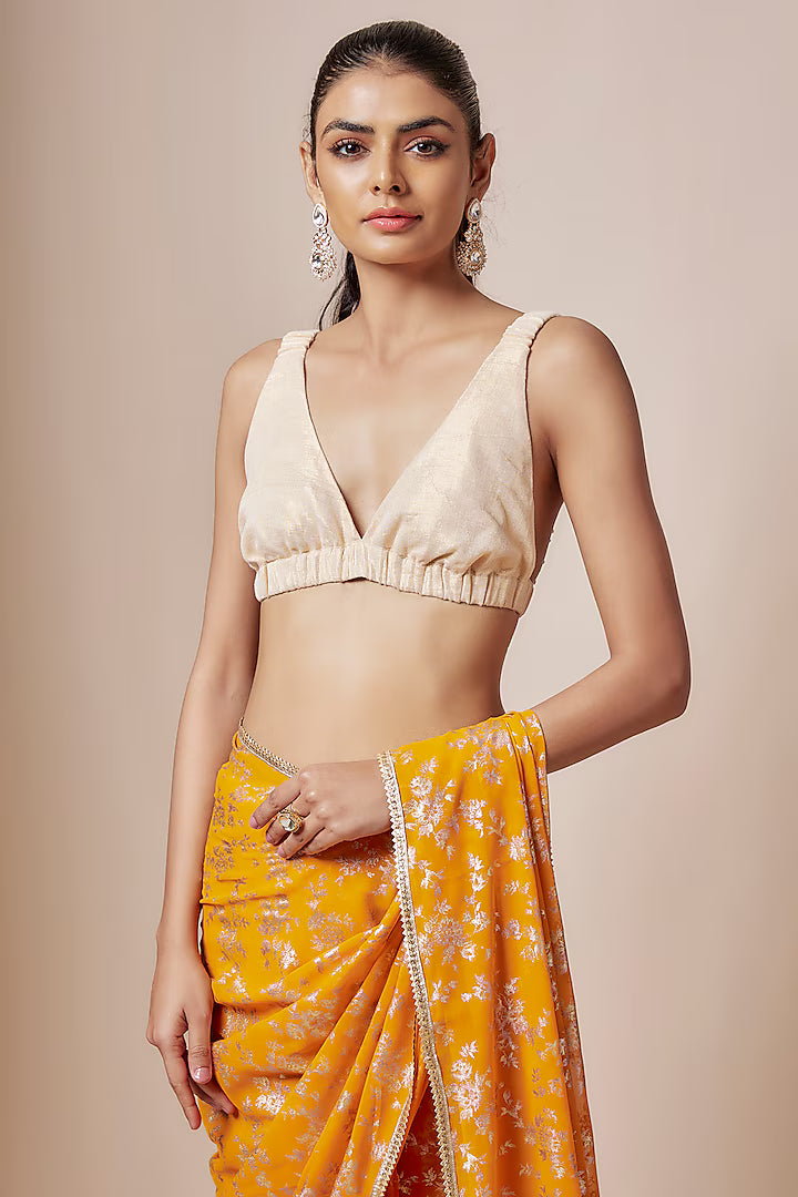 Mango Yellow Recycled Polyester Foil Printed & Metallic Embroidered Pre-Draped Saree Set