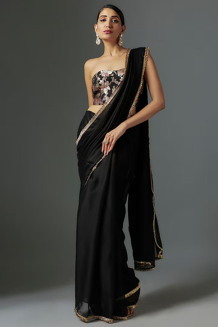 Black Satin Georgette Metallic Pre-Draped Saree Set