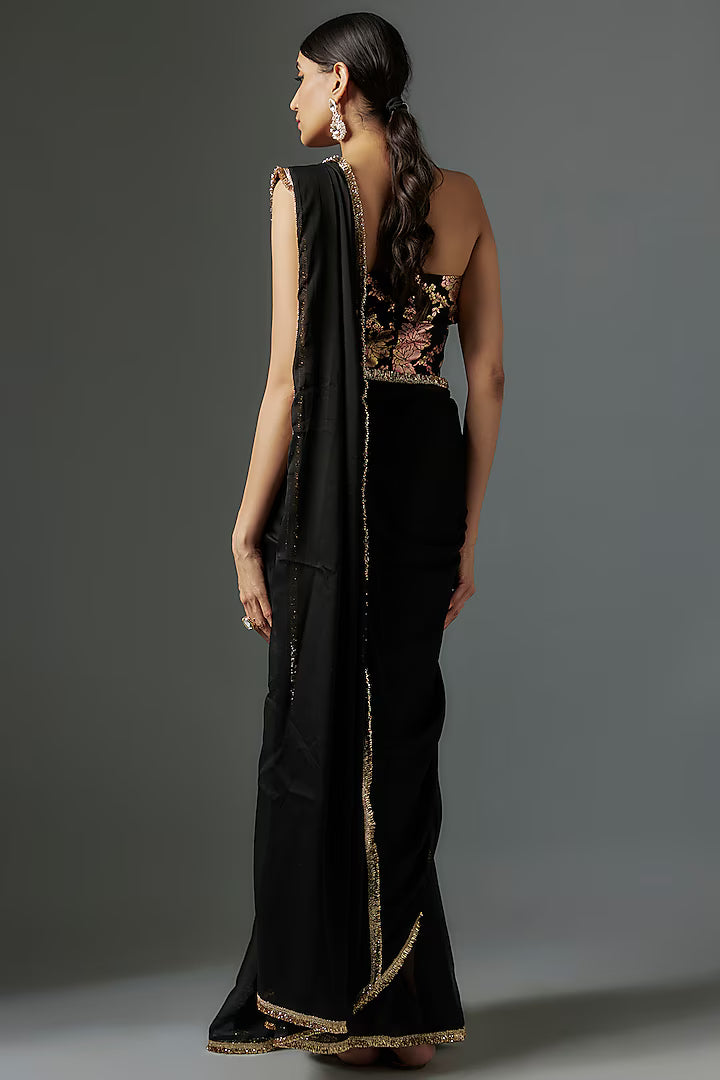 Black Satin Georgette Metallic Pre-Draped Saree Set