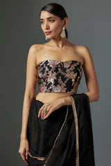 Black Satin Georgette Metallic Pre-Draped Saree Set
