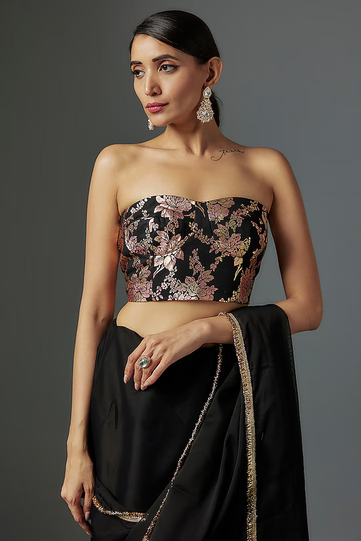 Black Satin Georgette Metallic Pre-Draped Saree Set