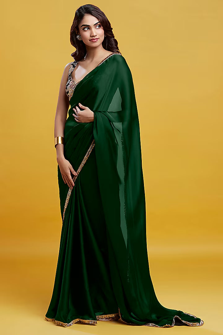 Emerald Green Satin Georgette Pre-Draped Saree