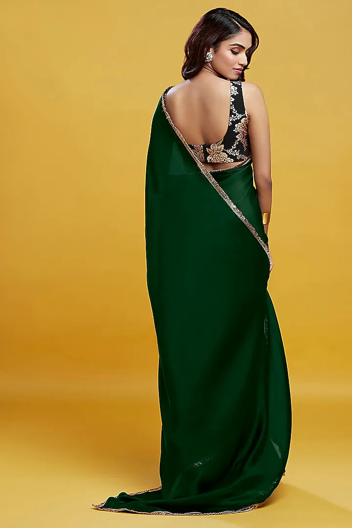Emerald Green Satin Georgette Pre-Draped Saree
