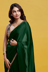 Emerald Green Satin Georgette Pre-Draped Saree