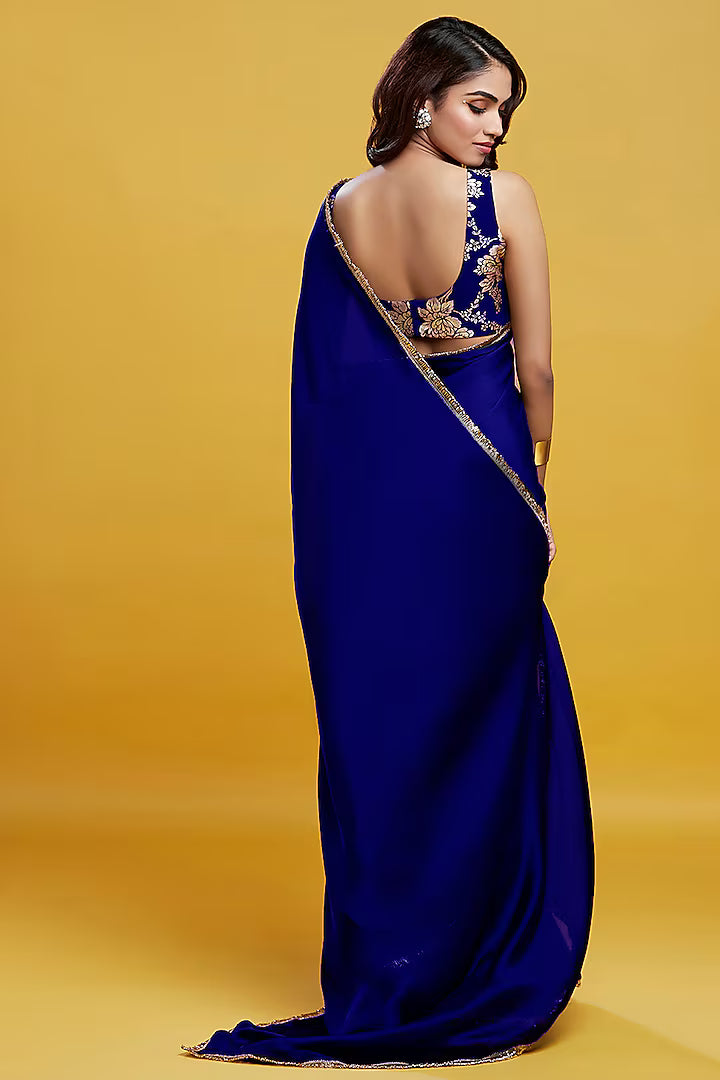 Navy Satin Georgette Pre-Draped Saree