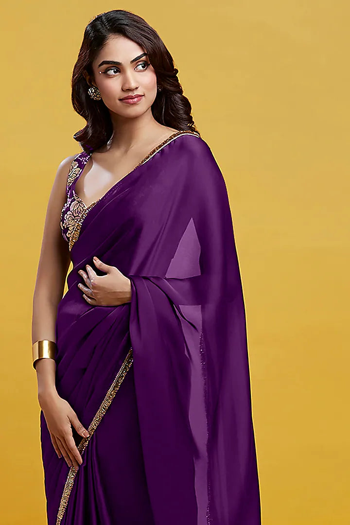 Purple Satin Georgette Pre-Draped Saree