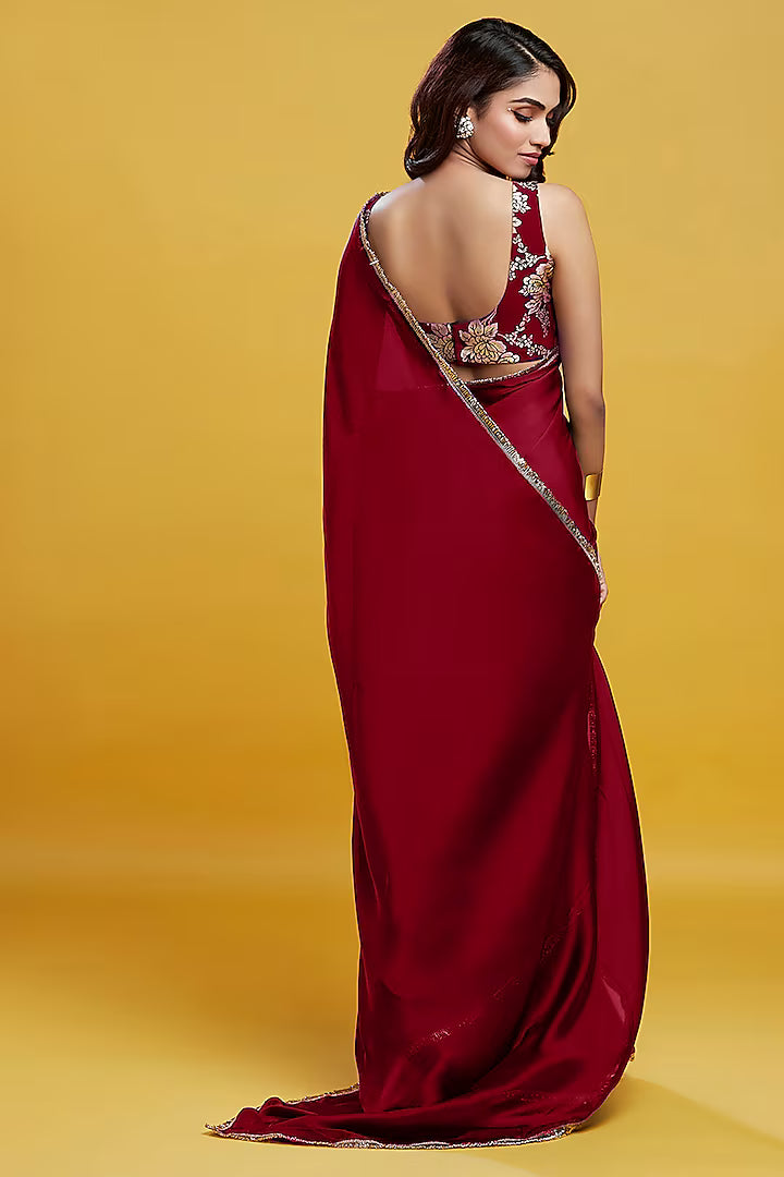 Maroon Satin Georgette Pre-Draped Saree