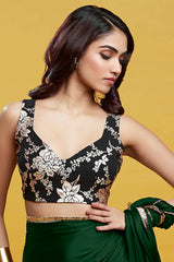 Emerald Green Satin Georgette Pre-Draped Saree Set