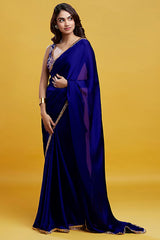 Navy Satin Georgette Pre-Draped Saree Set