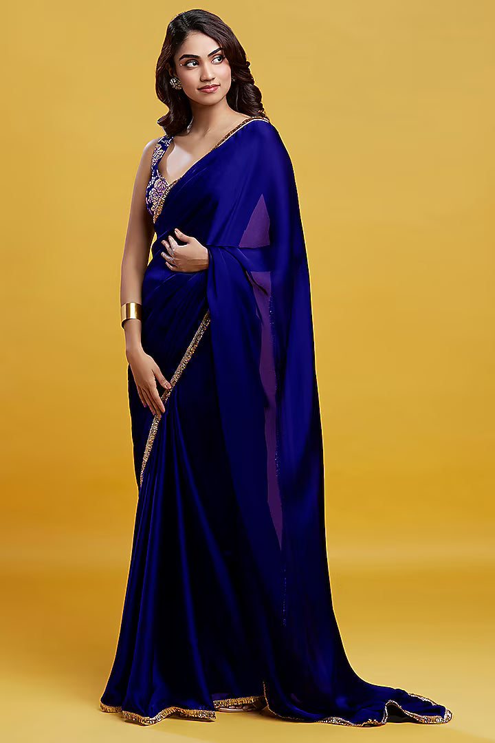 Navy Satin Georgette Pre-Draped Saree Set