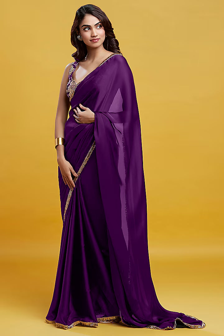 Purple Satin Georgette Pre-Draped Saree Set