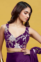Purple Satin Georgette Pre-Draped Saree Set
