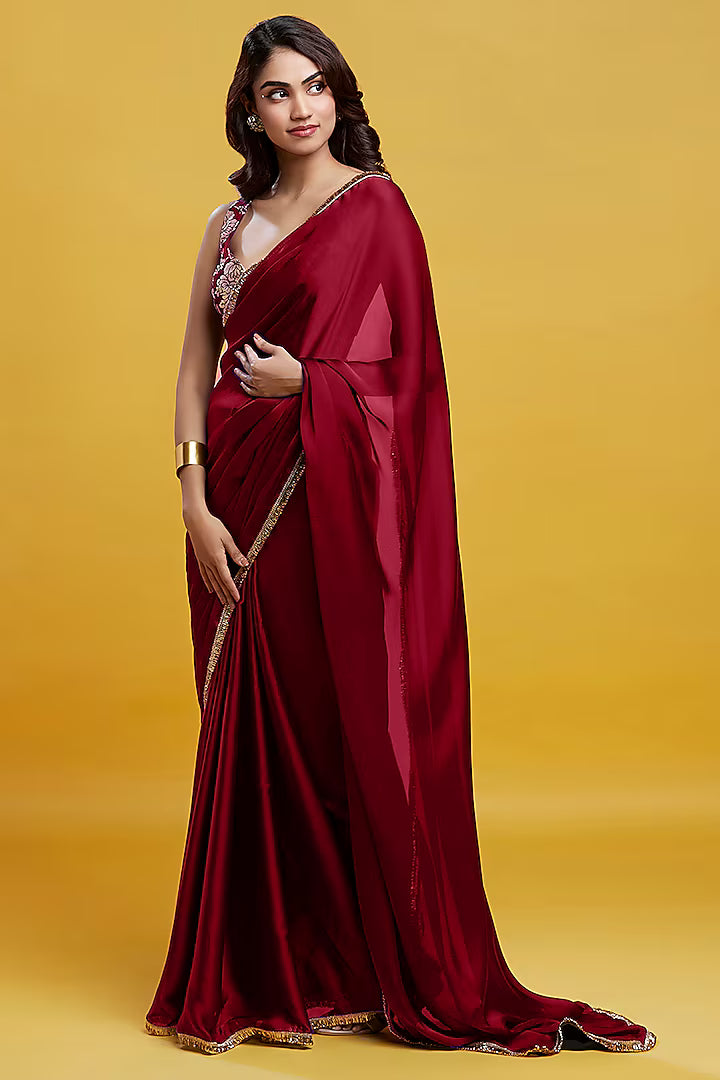 Maroon Satin Georgette Pre-Draped Saree Set