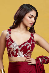 Maroon Satin Georgette Pre-Draped Saree Set