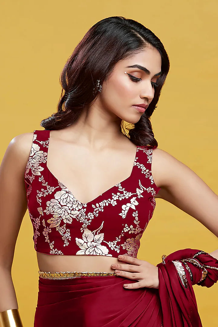Maroon Satin Georgette Pre-Draped Saree Set