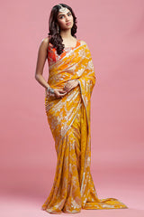 Mustard Satin Georgette & Recycled Polyester Pre-Draped Saree Set