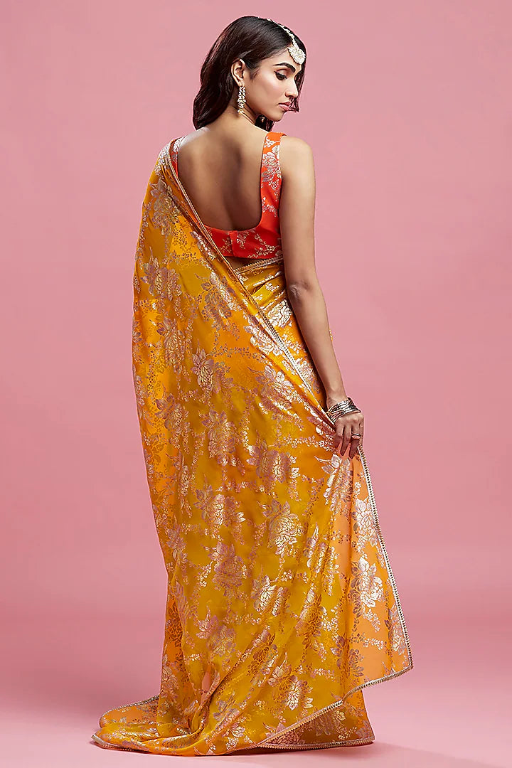 Mustard Satin Georgette & Recycled Polyester Pre-Draped Saree Set