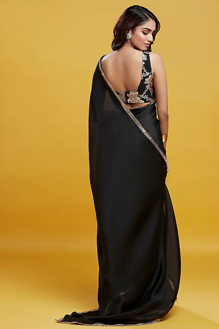 Black Satin Embroidered Pre-Draped Saree Set