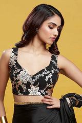 Black Satin Embroidered Pre-Draped Saree Set