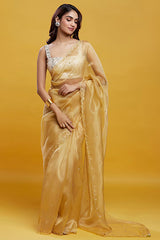 Gold Organza Crystal & Boota Embroidered Pre-Draped Saree Set