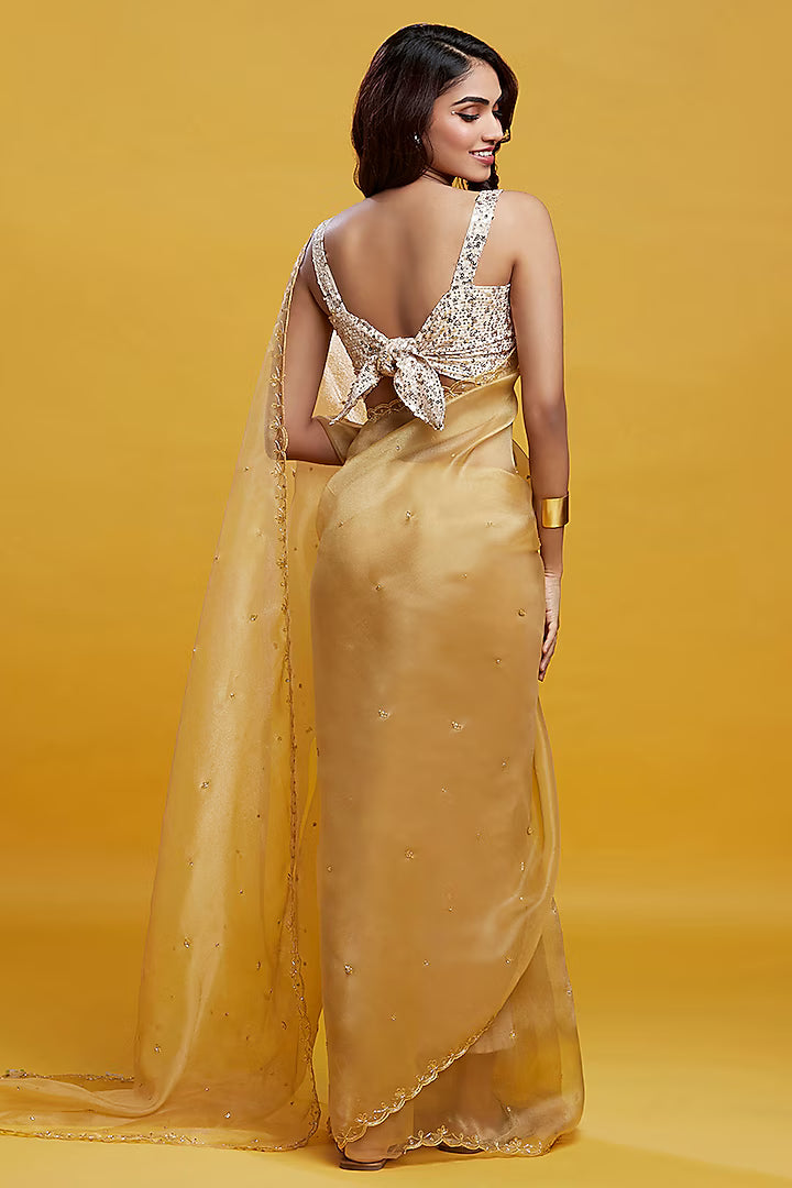 Gold Organza Crystal & Boota Embroidered Pre-Draped Saree Set