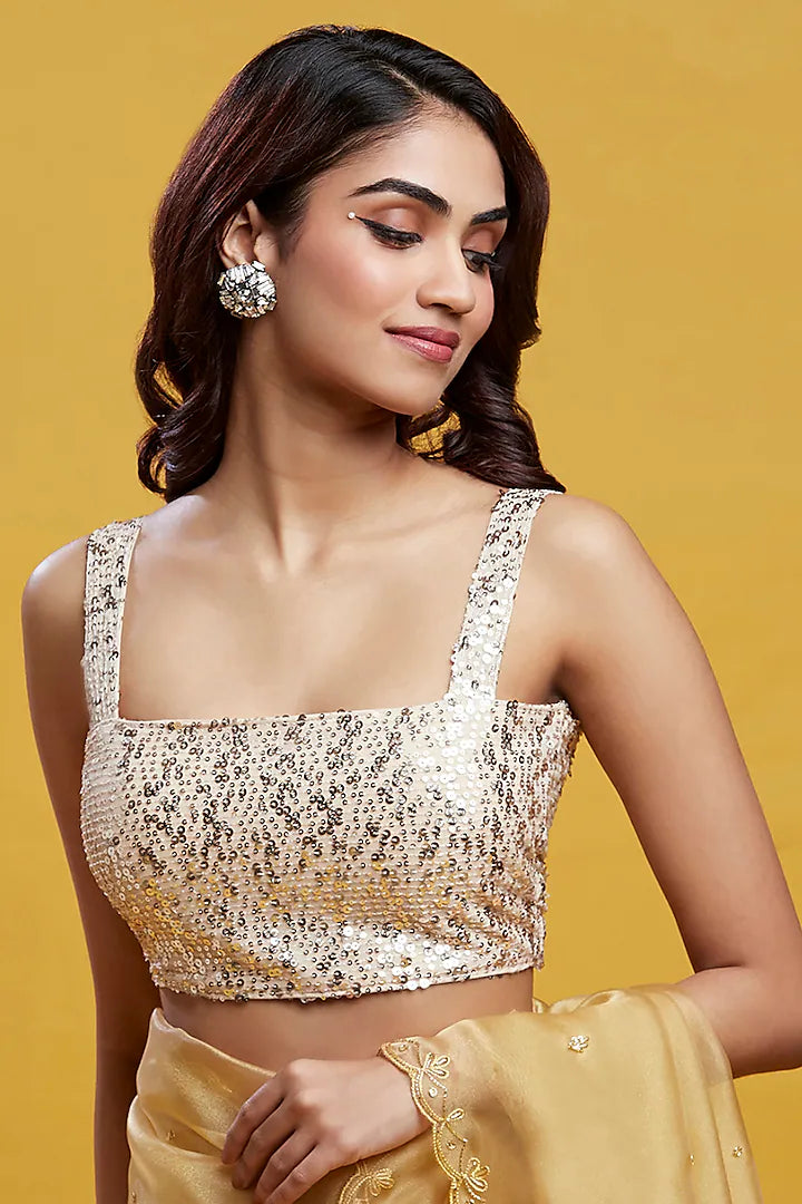 Gold Organza Crystal & Boota Embroidered Pre-Draped Saree Set