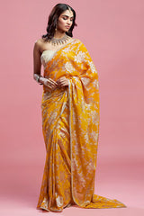 Mustard Georgette & Recycled Polyester Pre-Draped Saree Set