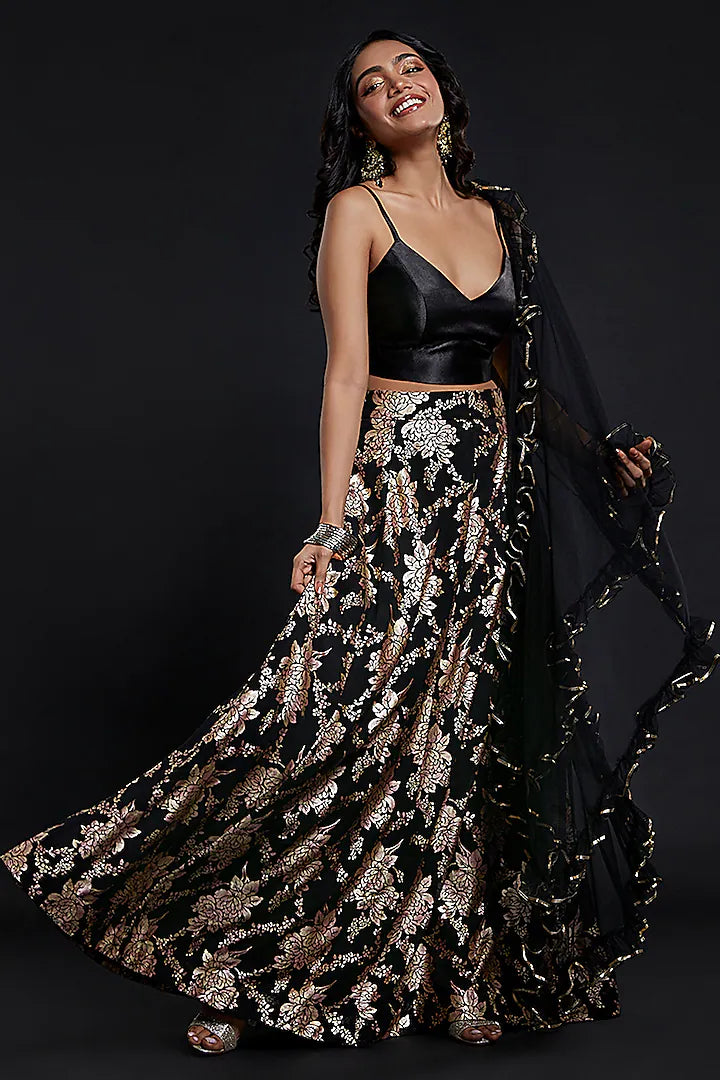 Black Recycled Polyester Lehenga Set