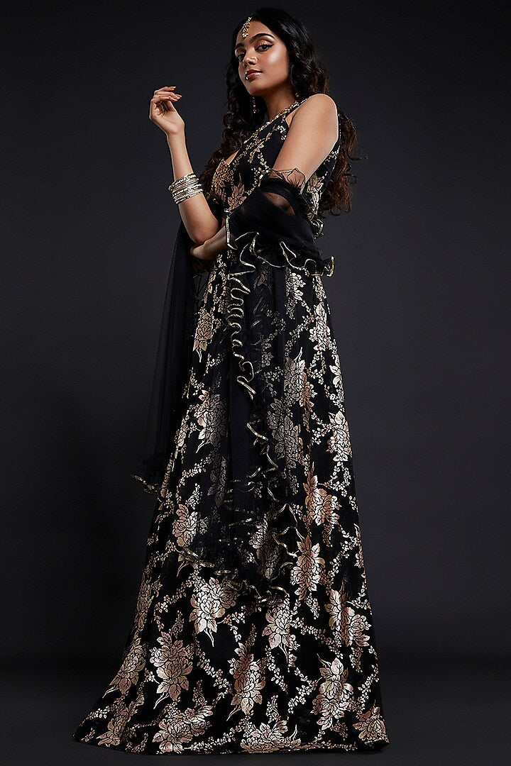 Black Recycled Polyester Lehenga Set