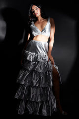 Silver Recycled Polyester Tiered Lehenga Set