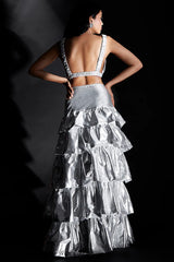 Silver Recycled Polyester Tiered Lehenga Set