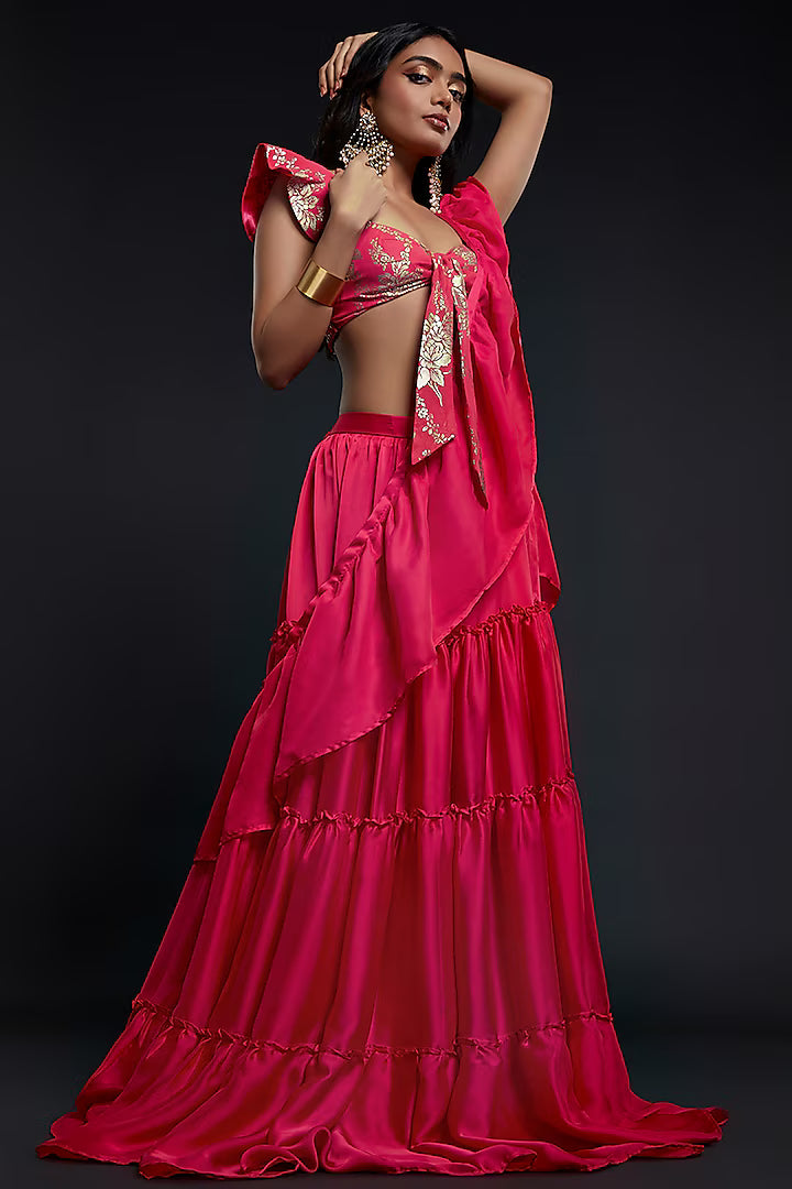 Fuchsia Recycled Polyester Pre-Draped Saree Set