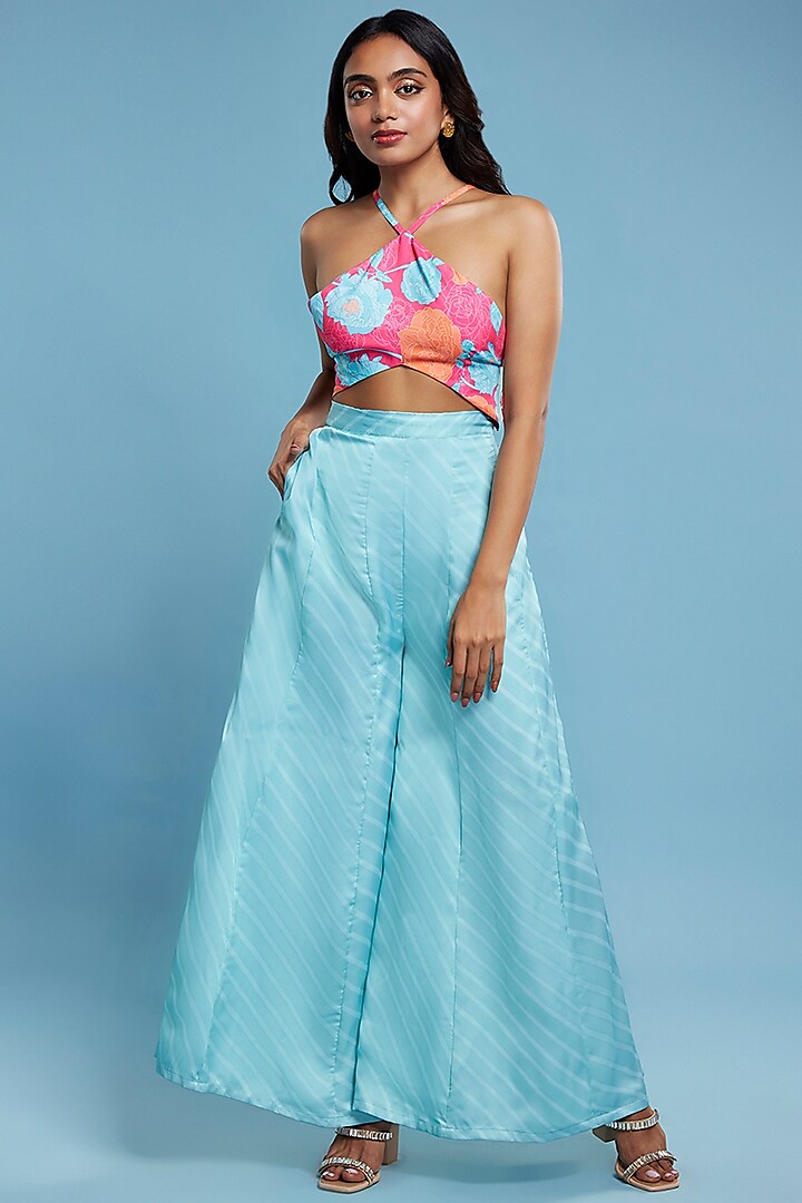 Blue Satin Georgette Leheriya Flared Pant Set