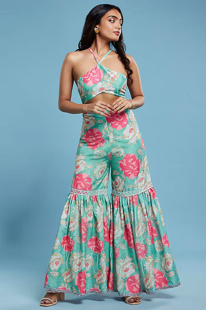 Multi-Colored Satin Georgette Floral Printed Sharara Set
