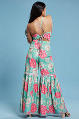 Multi-Colored Satin Georgette Floral Printed Sharara Set