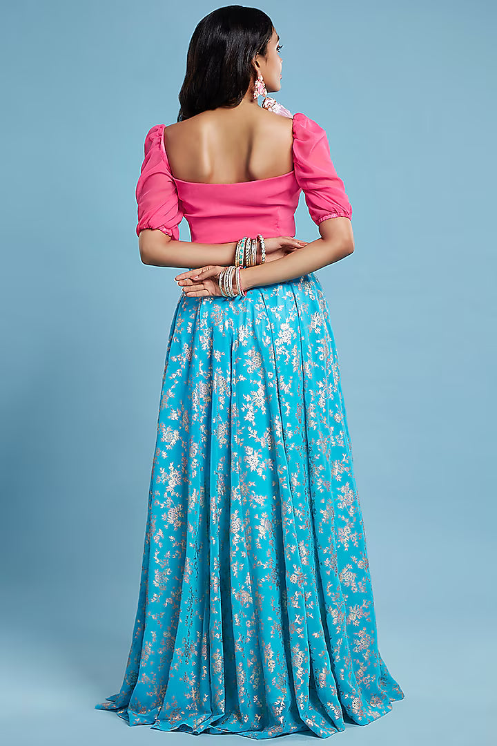 Turquoise Blue Recycled Polyester Lehenga Set