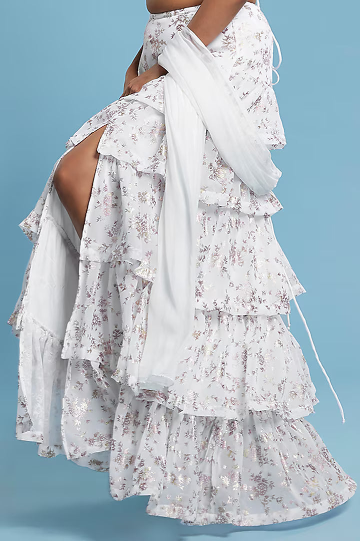 White Recycled Polyester Tiered Lehenga Set